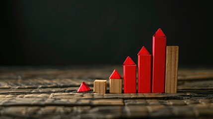 Wooden blocks arranged as decreasing graph with red block representing decline Dark photo highlighting despair in stock market