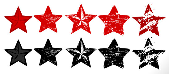 grunge star set isolated on white. vintage grungy old retro aged stars for review, feedback, stars, medal, stamp, award, performance etc conceptual use.