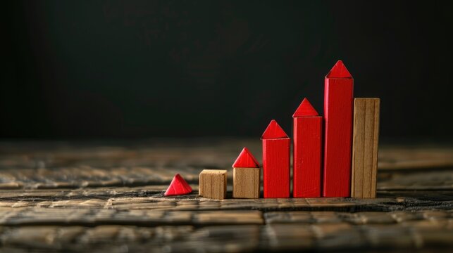 Wooden blocks arranged as decreasing graph with red block representing decline Dark photo highlighting despair in stock market