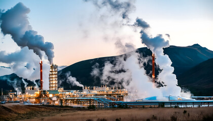 Fototapeta premium Futuristic geothermal power plant that extracts geothermal heat with cutting-edge technology with steam coming out of its vents.