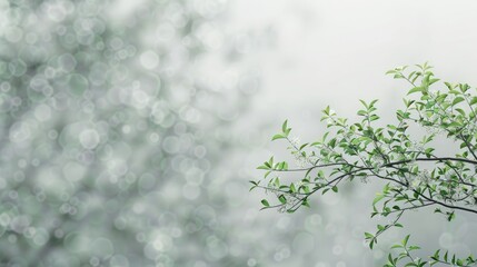 Green tree with small leaves on blurred gray background with space for text