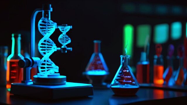A glowing blue double-helix model sits on a table next to several beakers and flasks containing brightly colored liquids.