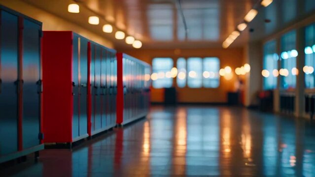 The video is slightly blurred. It is a long hallway with lockers on both sides. The lockers are mostly blue with some red ones. The floor is tiled and there are lights in the ceiling.