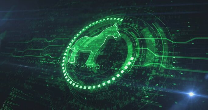 Trojan virus cyber crime and security breach symbol digital concept. Cyber technology and computer background abstract 3d animation. Seamless and loopable.