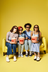 Diverse group of friends in trendy outfits relaxing and connecting on a bright yellow couch in a studio setting.