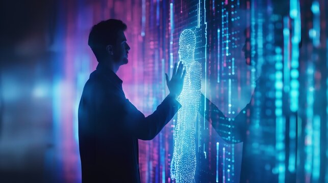 Businessman talk speak chat discuss with glowing hologram Artificial Intelligence AI translucent futuristic humanoid robot on big screen Caucasian male in suit blue