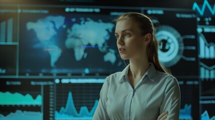 Businesswoman stands look at big screen with candle chart graph world map business analysis young female Caucasian in white button shirt