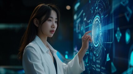 Businesswoman or scientist touch advanced technology hologram screen with glowing interface long hair Asian female in white shirt or lab coat