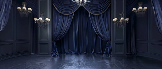 Lux stage show dark navy blue purple drapes backdrop royal party photobooth empty theatre fabric draping background theatrical grand Victorian Edwardian Elizabethan regal spotlight Hollywood mock up