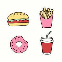 Creative Flat Style Fast Food and Drink items Vector Illustrations.