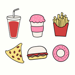 Creative Flat Style Fast Food and Drink items Vector Illustrations.