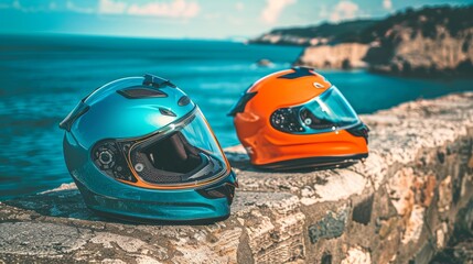 Fototapeta premium two helmets stand on a stone, near the lake at sunset