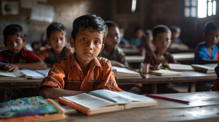 Diverse group of elementary school children in classroom, boy in focus, reading books, rural educational setting