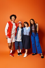 Fototapeta premium A diverse group of young friends, standing together in stylish attire in a studio setting.