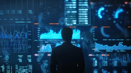 Businessman look at big screen blueish glowing world map multiple business data candle chart graph analysis back of Caucasian male in suit dark room at night