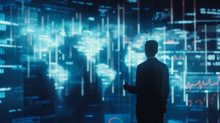 Businessman thumbs up look at big screen white glowing world map business data chart graph analysis back of Caucasian male in suit dark room at night