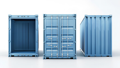 set of open and closed blue metal cargo containers, shown from front and side views
