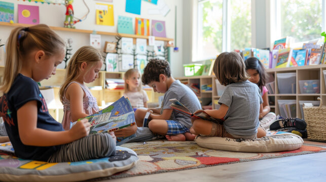 Children reading books in a colorful classroom setting with books and artwork in background