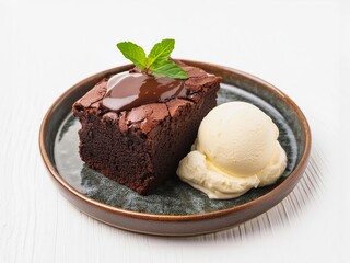 Chocolate Brownie cake on plate with Ice cream on white background. Homemade bakery and dessert concept.