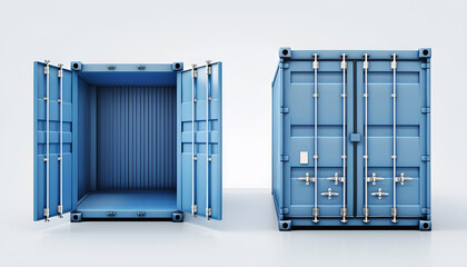 set of open and closed blue metal cargo containers, shown from front and side views