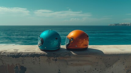 Obraz premium two helmets stand on a stone, near the lake at sunset