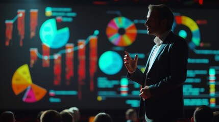 Businessman speak talk at stock trading futures business conference big screen pie chart graph data analysis Caucasian male in suit crowded meeting hall