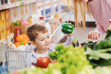 Caring mother and kid doing grocery shopping together