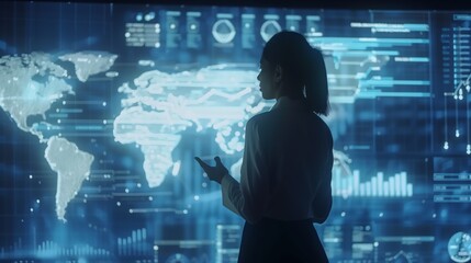 Businesswoman speak talk present at business meeting big screen world map candle chart graph data analysis Caucasian female in white button shirt