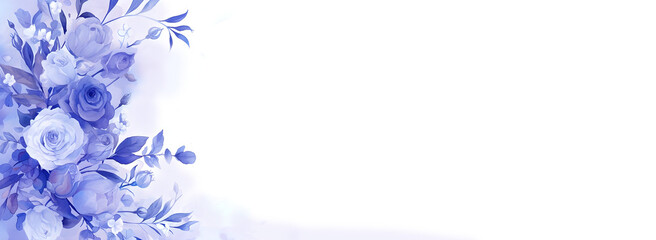 Watercolor delicate arrangement of purple roses and foliage on white background and negative space 