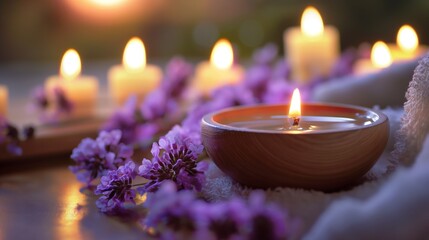 Candle fire in wood bowl lavender fragrance white towel on table Aromatherapy preparation relax massage SPA