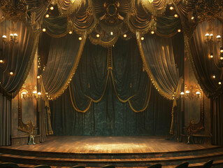 Regal stage show black gold lace drapes opulent backdrop royal party photobooth empty theatre fabric draping background French royal theatrical grand lux victorian edwardian movie blank opera play