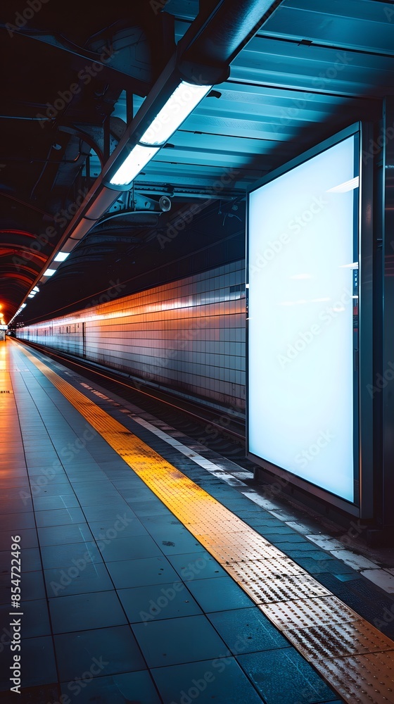 Poster modern subway station with illuminated billboard and motion blur from incoming train. urban transit 