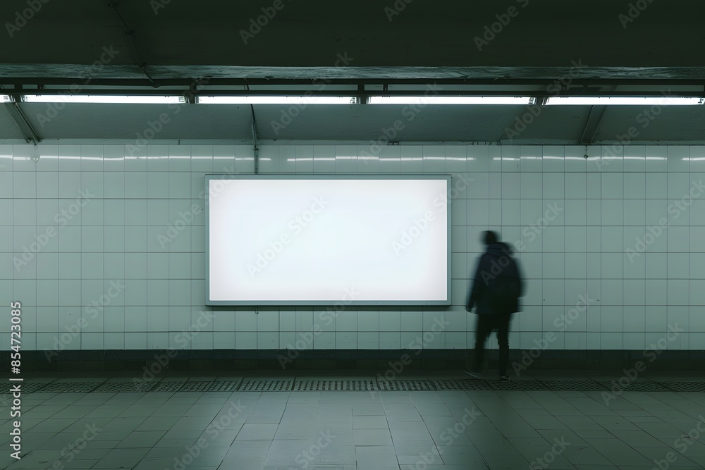 Poster silhouette of a person standing in front of a blank billboard in a dimly lit subway station, creatin