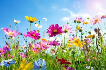 Obraz premium campo de flores colorido con un cielo azul