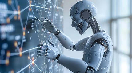 An advanced robot is seen interacting with a digital network interface, highlighting the potential of artificial intelligence in the digital world