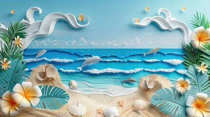 Vibrant and dimensional paper art depicting a tropical beach scene with playful dolphins swimming near the shore set against a clear blue sky and lush palm leaves