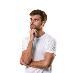 Thinking, man thinking, deciding something on isolated, transparent, PNG background. Why, questions, and male person with doubt emoji for choice, considering, or confused about problem solving.