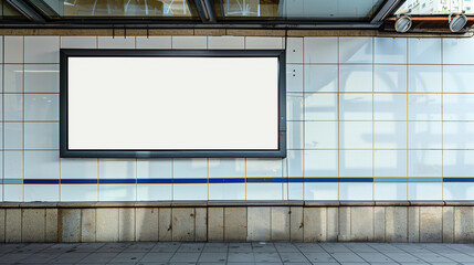 Blank white mock up large billboard sign aboveground train station wall metro city tunnel advertising board template marketing public transport signage urban railway airport minimal design promotional