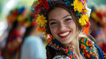Fototapeta premium A woman in traditional clothing with a floral headband smiles at a colorful festival
