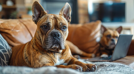 Employee Working from Home with a Dog Relaxing on the Couch