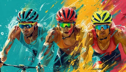 Triathletes transitioning between swimming, cycling, and running, Versatile, Bright colors, Illustration