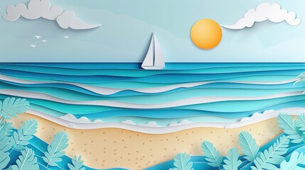 Tranquil Paper Art of a Tropical Beach Scene with a Sailboat on the Horizon and Gentle Waves Lapping at the Shore  A Peaceful and Serene Landscape for a Relaxing or Escapist Vacation Concept