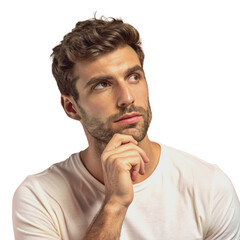 Thinking, man thinking, deciding something on isolated, transparent, PNG background. Why, questions, and male person with doubt emoji for choice, considering, or confused about problem solving.