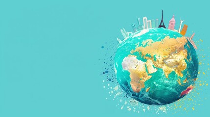 Naklejka premium A painted globe with colorful icons of landmarks around the world on a blue background