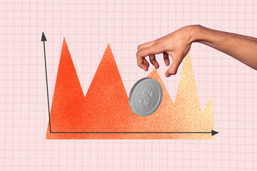 Creative collage image human hand economy finance trader forex market investor coin dollar currency...