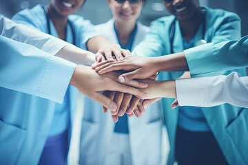 A bunch of medical staff put their hands together