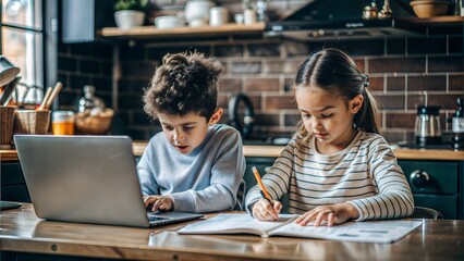 Two siblings sitting at a kitchen table, working on homework assignments together.
