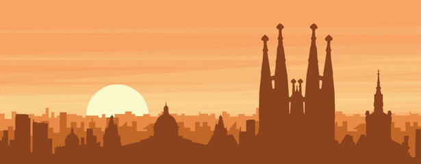 Naklejka premium Brown panoramic poster of the city skyline with misty background buildings, sunrise, clouds and mountains of BARCELONA, SPAIN