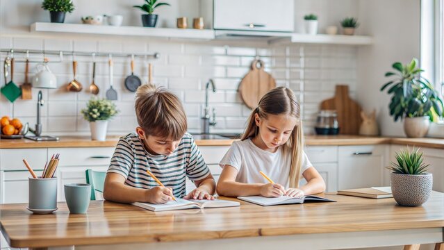 Two siblings sitting at a kitchen table, working on homework assignments together.