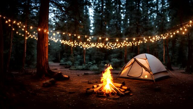 night view when camping cozy tent visible string lights  Seamless looping 4k time-lapse animation video background